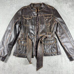 Dollhouse Distressed Moto Utility Belted Faux Leather Jacket Women’s M Brown